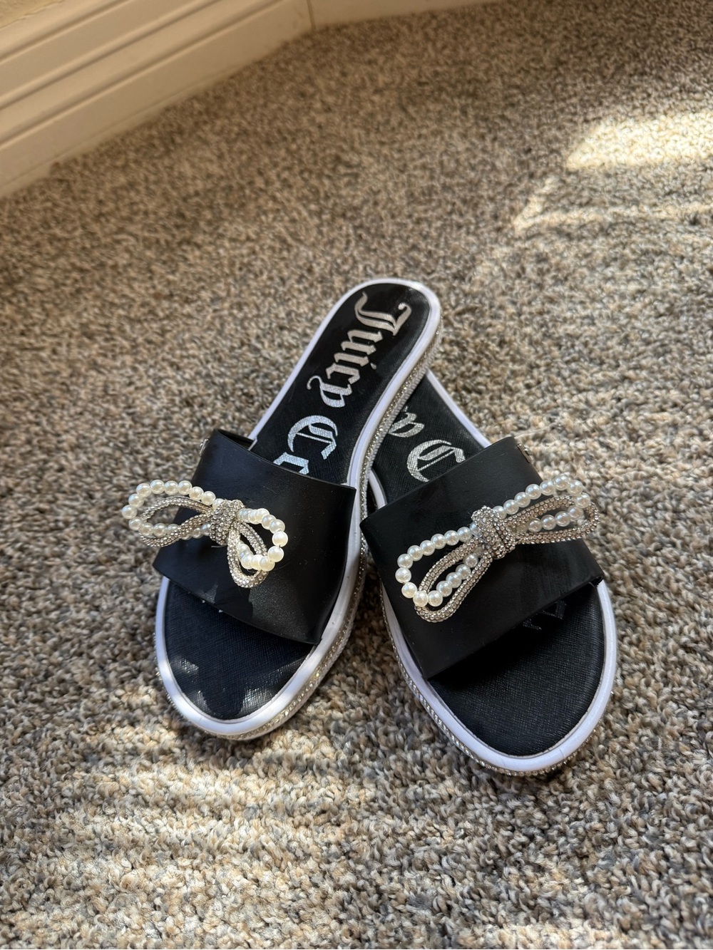 Juicy Couture Black Slide Sandals with Pearl & Crystal Bow